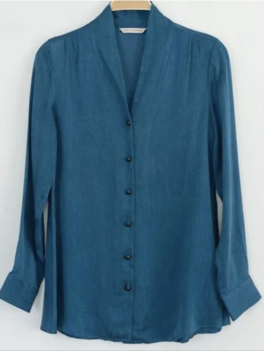 Soft Surroundings Teal Crinkle Satin Long Sleeve‎ Buttondown Blouse Size XL